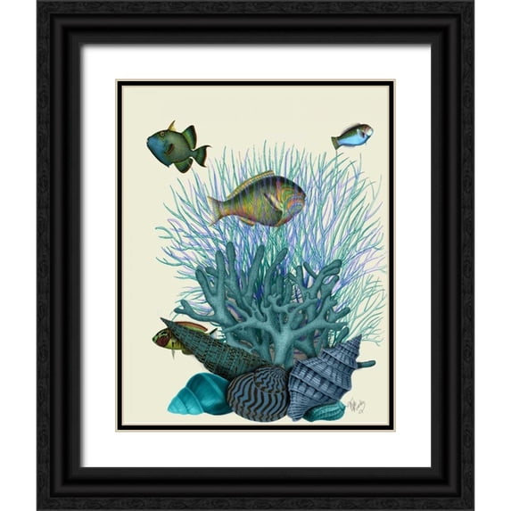 Fab Funky 20x24 Black Ornate Wood Framed with Double Matting Museum Art Print Titled - Fish Blue Shells and Corals
