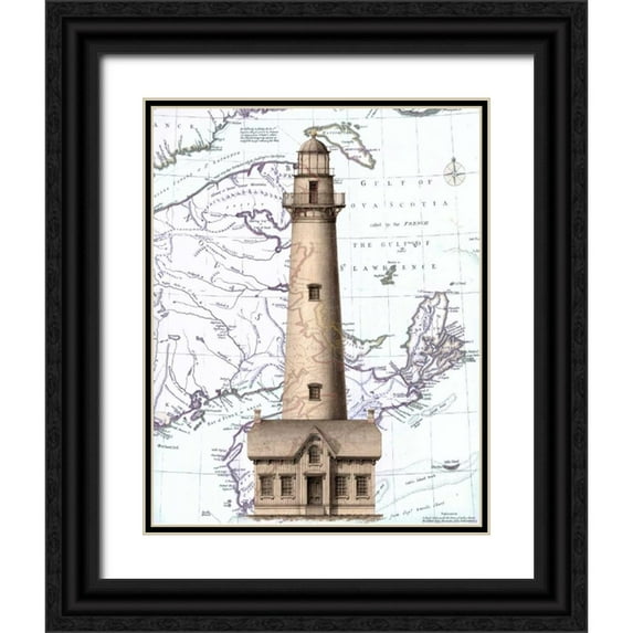 Fab Funky 20x24 Black Ornate Wood Framed with Double Matting Museum Art Print Titled - Lighthouse and Cottage