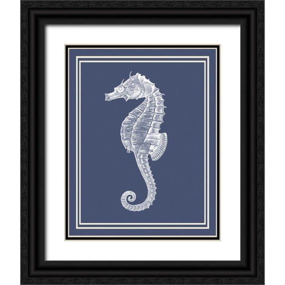Fab Funky 20x24 Black Ornate Wood Framed with Double Matting Museum Art Print Titled - Mixed Nautical White on Indigo Blue d