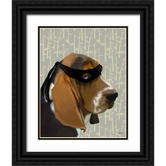 Fab Funky 20x24 Black Ornate Wood Framed with Double Matting Museum Art Print Titled - Ninja Basset Hound Dog