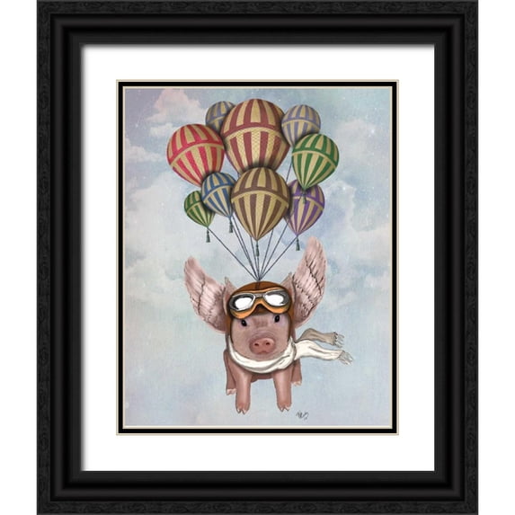 Fab Funky 20x24 Black Ornate Wood Framed with Double Matting Museum Art Print Titled - Pig And Balloons