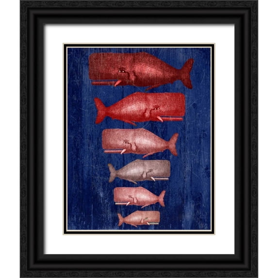 Fab Funky 20x24 Black Ornate Wood Framed with Double Matting Museum Art Print Titled - Whale Family Red On Blue