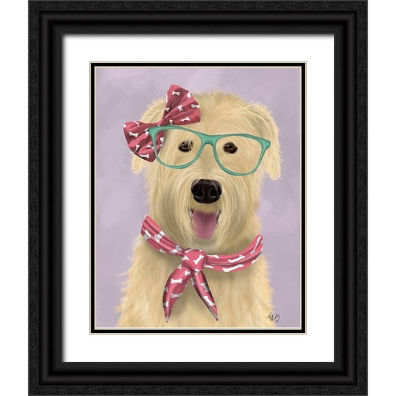 Fab Funky 20x24 Black Ornate Wood Framed with Double Matting Museum Art Print Titled - Wheaten Terrier with Glasses and Scarf