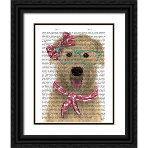 Fab Funky 20x24 Black Ornate Wood Framed with Double Matting Museum Art Print Titled - Wheaten Terrier with Glasses and Scarf