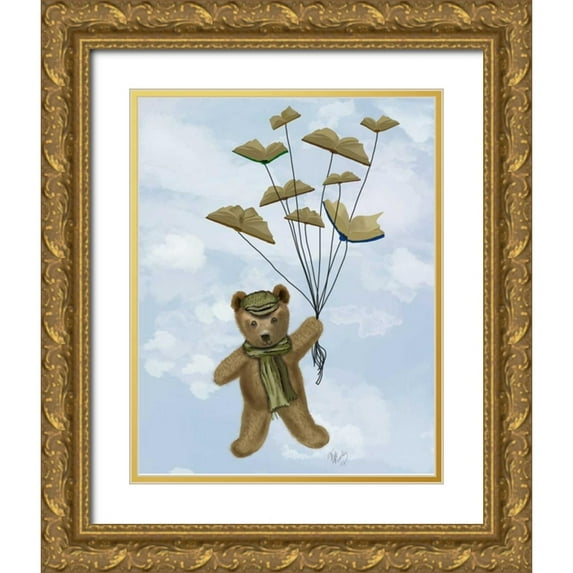 Fab Funky 20x24 Gold Ornate Wood Framed with Double Matting Museum Art Print Titled - Bear with Book Butterflies