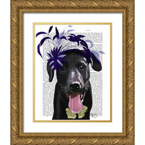 Fab Funky 20x24 Gold Ornate Wood Framed with Double Matting Museum Art Print Titled - Black Labrador With Blue Fascinator