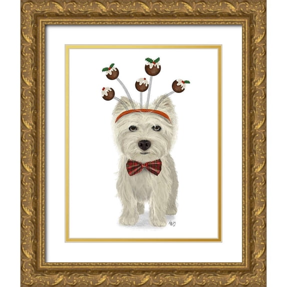 Fab Funky 20x24 Gold Ornate Wood Framed with Double Matting Museum Art Print Titled - Christmas Des - Westie and Christmas Puds