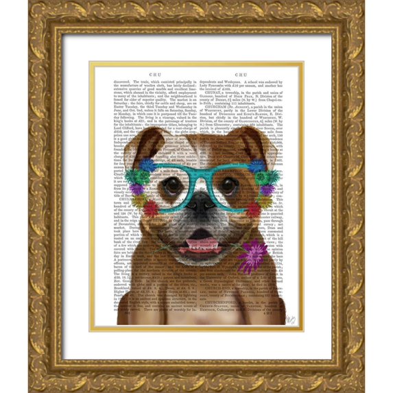 Fab Funky 20x24 Gold Ornate Wood Framed with Double Matting Museum Art Print Titled - English Bulldog and Flower Glasses