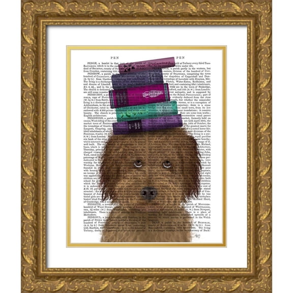 Fab Funky 20x24 Gold Ornate Wood Framed with Double Matting Museum Art Print Titled - Labradoodle, Brown, and Books