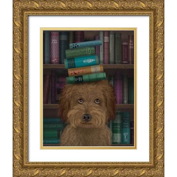 Fab Funky 20x24 Gold Ornate Wood Framed with Double Matting Museum Art Print Titled - Labradoodle, Brown, and Books