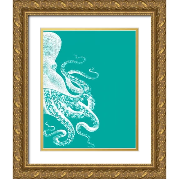 Fab Funky 20x24 Gold Ornate Wood Framed with Double Matting Museum Art Print Titled - Octopus Green and Cream b