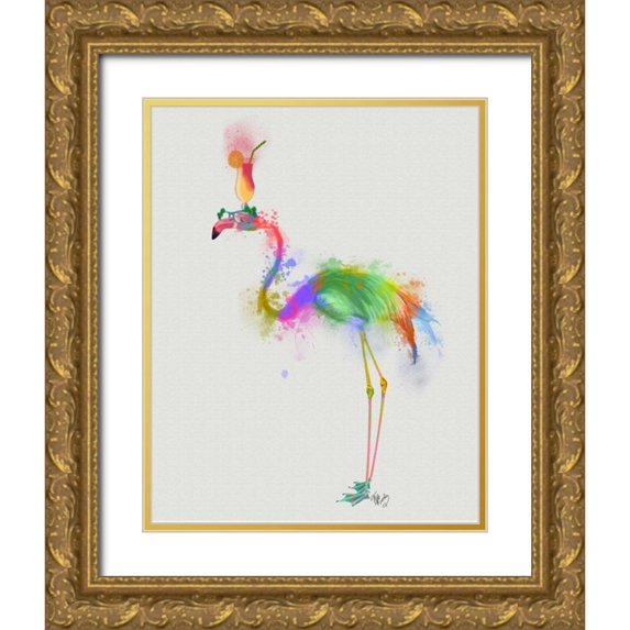 Fab Funky 20x24 Gold Ornate Wood Framed with Double Matting Museum Art Print Titled - Rainbow Splash Flamingo 1