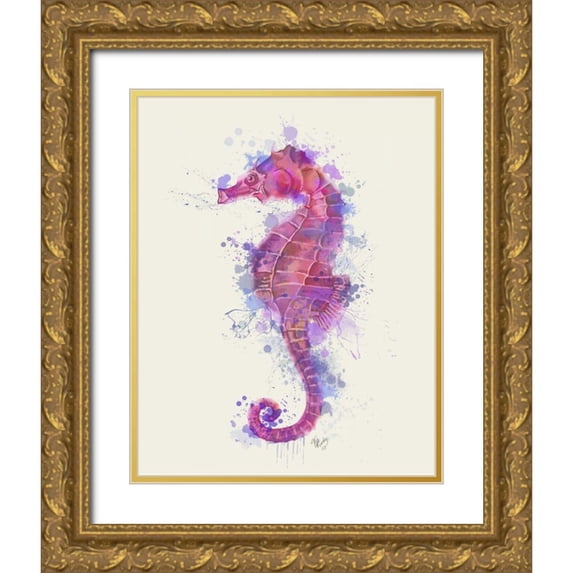 Fab Funky 20x24 Gold Ornate Wood Framed with Double Matting Museum Art Print Titled - Seahorse Rainbow Splash Pink and Purple