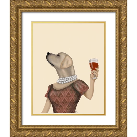 Fab Funky 20x24 Gold Ornate Wood Framed with Double Matting Museum Art Print Titled - Yellow Labrador Wine Snob