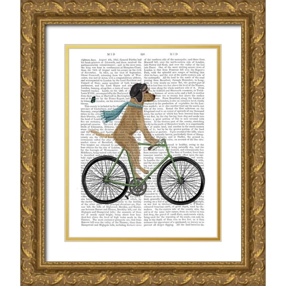 Fab Funky 20x24 Gold Ornate Wood Framed with Double Matting Museum Art Print Titled - Yellow Labrador in Flying Helmet on Bicycle