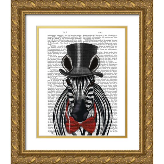 Fab Funky 20x24 Gold Ornate Wood Framed with Double Matting Museum Art Print Titled - Zebra with Top Hat and Bow Tie 2, Forwards