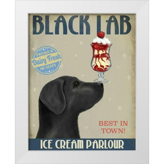 Fab Funky 20x24 White Modern Wood Framed Museum Art Print Titled - Black Labrador Ice Cream
