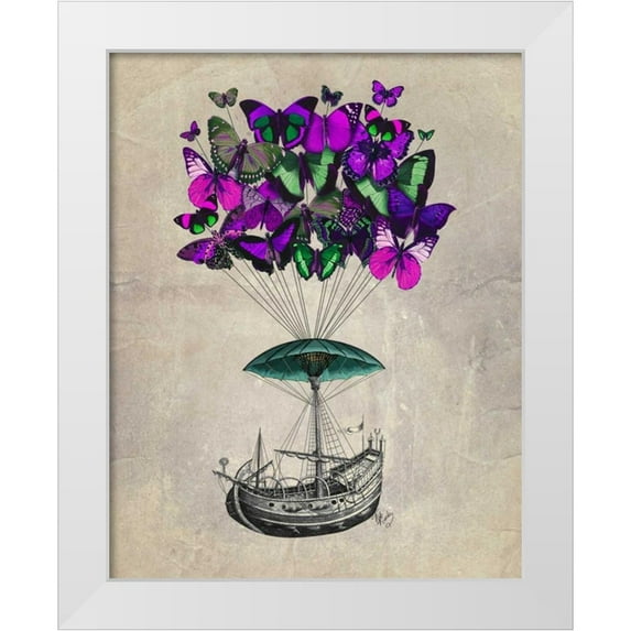 Fab Funky 20x24 White Modern Wood Framed Museum Art Print Titled - Butterfly Airship 2 Purple and Green
