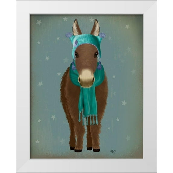 Fab Funky 20x24 White Modern Wood Framed Museum Art Print Titled - Donkey Blue Hat and Scarf
