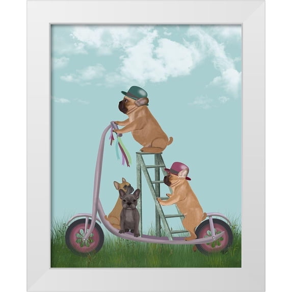 Fab Funky 20x24 White Modern Wood Framed Museum Art Print Titled - French Bulldog Scooter