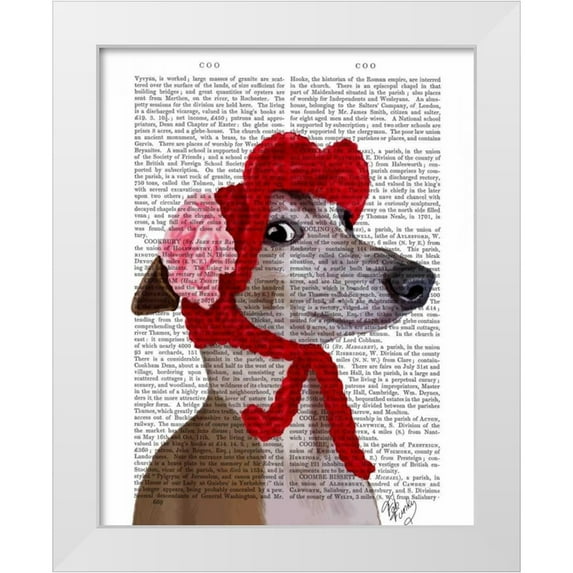 Fab Funky 20x24 White Modern Wood Framed Museum Art Print Titled - Greyhound with Red Woolly Hat