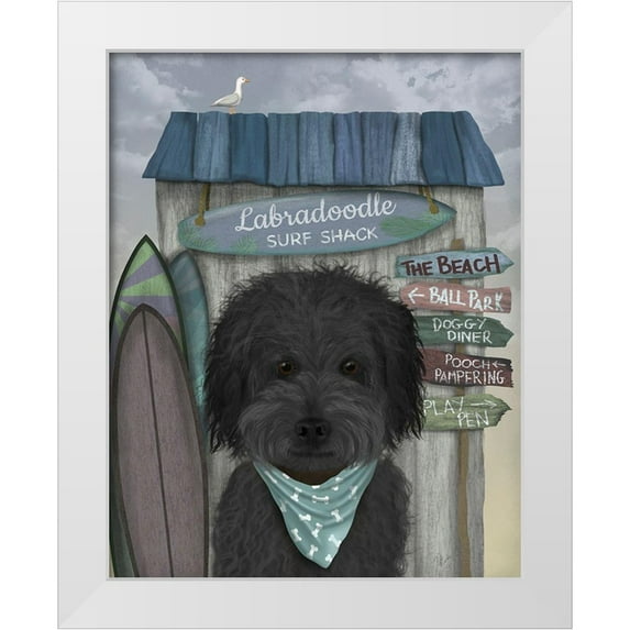 Fab Funky 20x24 White Modern Wood Framed Museum Art Print Titled - Labradoodle, Black, Surf Shack