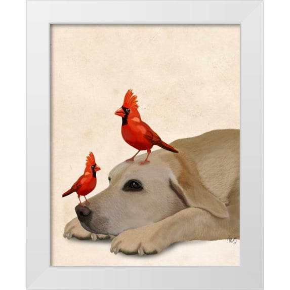 Fab Funky 20x24 White Modern Wood Framed Museum Art Print Titled - Labrador with Red Birds