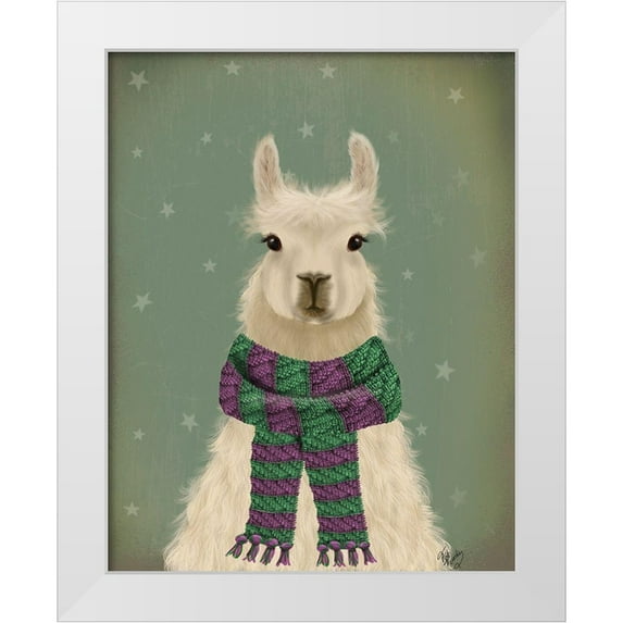 Fab Funky 20x24 White Modern Wood Framed Museum Art Print Titled - Llama with Purple Scarf, Portrait