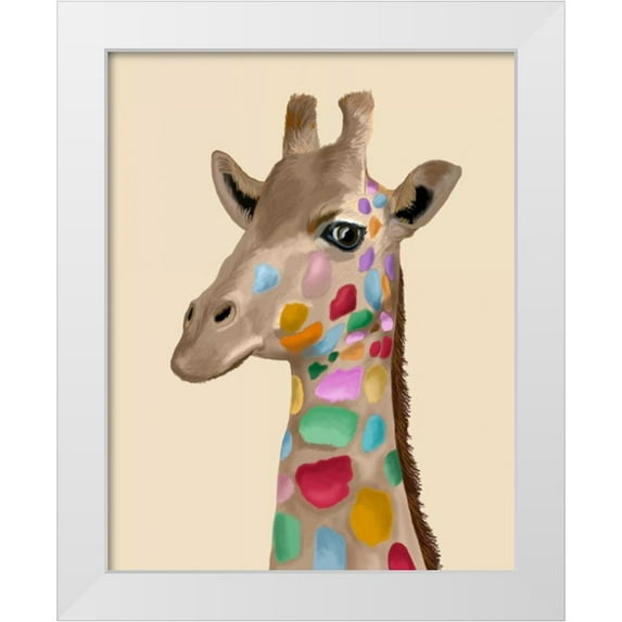Fab Funky 20x24 White Modern Wood Framed Museum Art Print Titled - MultiColoured Giraffe