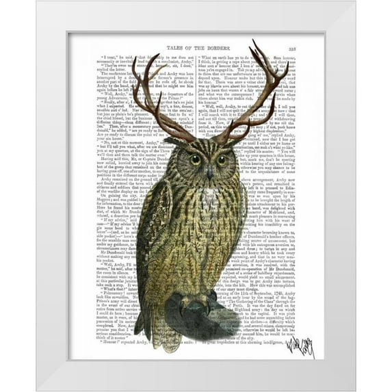 Fab Funky 20x24 White Modern Wood Framed Museum Art Print Titled - Owl with Antlers plain