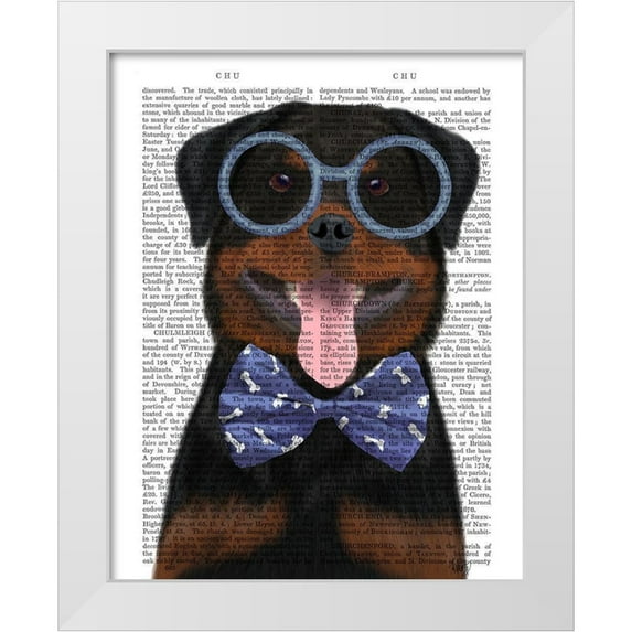 Fab Funky 20x24 White Modern Wood Framed Museum Art Print Titled - Rottweiler with Glasses and Bow Tie