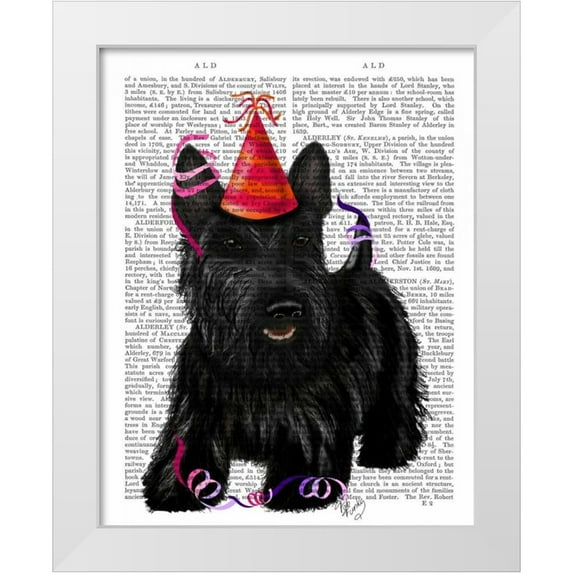 Fab Funky 20x24 White Modern Wood Framed Museum Art Print Titled - Scottish Terrier and Party Hat