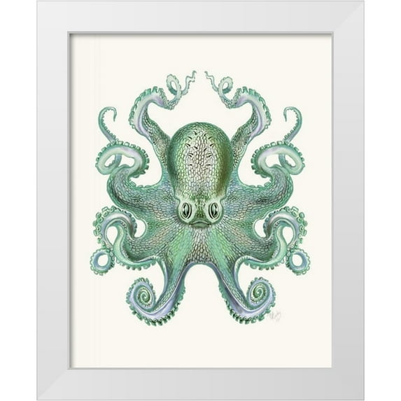 Fab Funky 20x24 White Modern Wood Framed Museum Art Print Titled - Turquoise Octopus and Squid a
