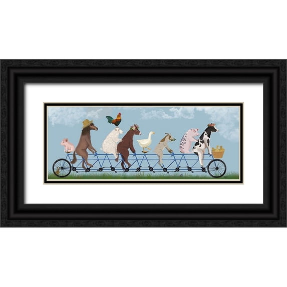 Fab Funky 24x12 Black Ornate Wood Framed with Double Matting Museum Art Print Titled - Tandem Farm Animals