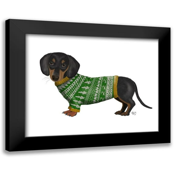 Fab Funky 24x20 Black Modern Framed Museum Art Print Titled - Christmas Des - Dachshund and Christmas Sweater