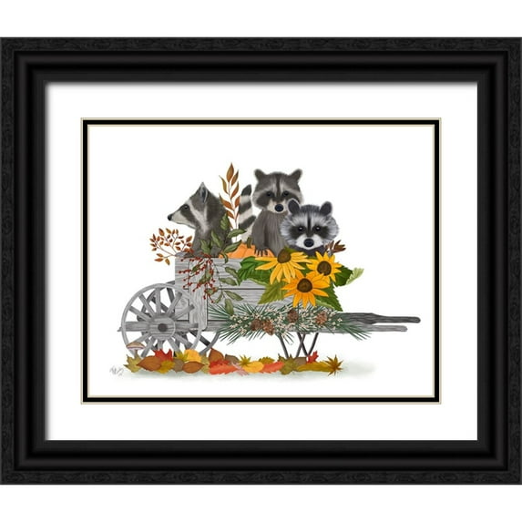 Fab Funky 24x20 Black Ornate Wood Framed with Double Matting Museum Art Print Titled - Raccoon Wheelbarrow