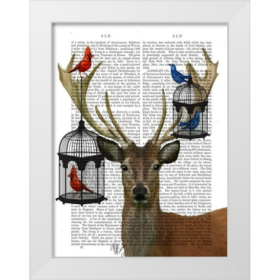Fab Funky 25x32 White Modern Wood Framed Museum Art Print Titled - Deer and Bird Cages