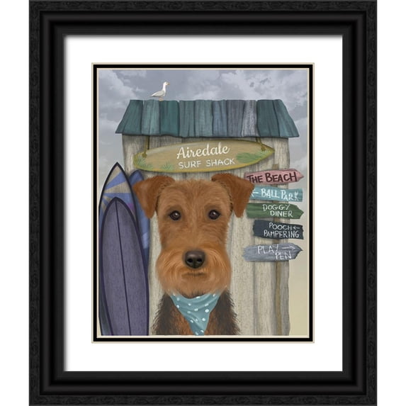 Fab Funky 26x32 Black Ornate Wood Framed with Double Matting Museum Art Print Titled - Airedale Surf Shack