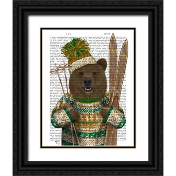 Fab Funky 26x32 Black Ornate Wood Framed with Double Matting Museum Art Print Titled - Bear in Christmas Sweater