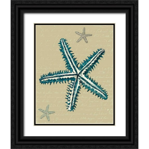 Fab Funky 26x32 Black Ornate Wood Framed with Double Matting Museum Art Print Titled - Blue Starfish on Taupe a