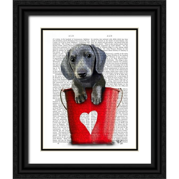 Fab Funky 26x32 Black Ornate Wood Framed with Double Matting Museum Art Print Titled - Buckets of Love Dachshund Puppy