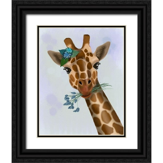 Fab Funky 26x32 Black Ornate Wood Framed with Double Matting Museum Art Print Titled - Chewing Giraffe 1
