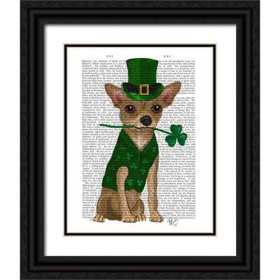 Fab Funky 26x32 Black Ornate Wood Framed with Double Matting Museum Art Print Titled - Chihuahua Leprechaun