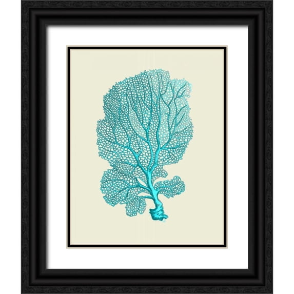 Fab Funky 26x32 Black Ornate Wood Framed with Double Matting Museum Art Print Titled - Corals Turquoise On Cream c