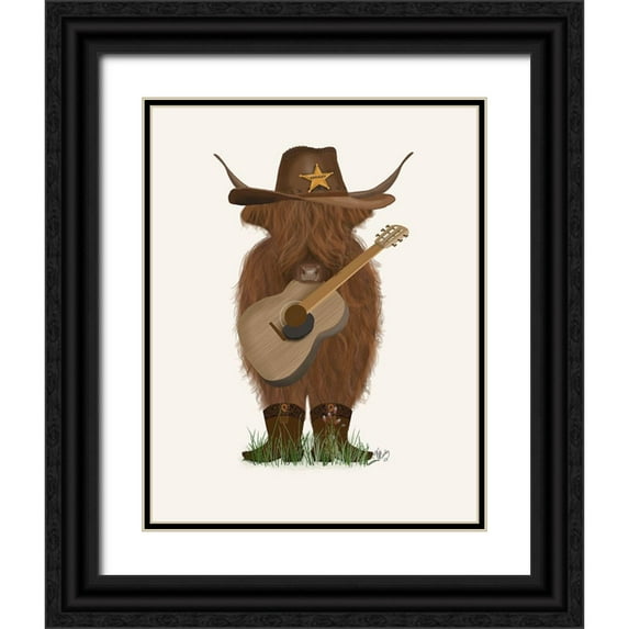 Fab Funky 26x32 Black Ornate Wood Framed with Double Matting Museum Art Print Titled - Cow Cowboy