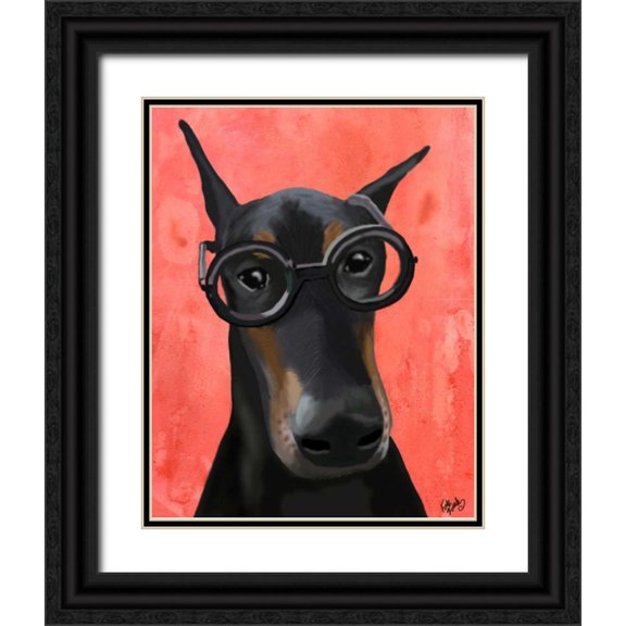 Fab Funky 26x32 Black Ornate Wood Framed with Double Matting Museum Art Print Titled - Doberman With Glasses
