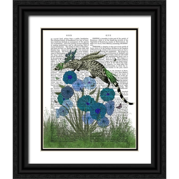 Fab Funky 26x32 Black Ornate Wood Framed with Double Matting Museum Art Print Titled - Genet On Blue Flowers