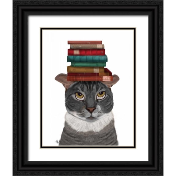 Fab Funky 26x32 Black Ornate Wood Framed with Double Matting Museum Art Print Titled - Grey Cat with Books on Head