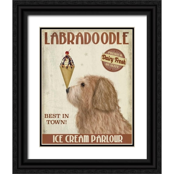 Fab Funky 26x32 Black Ornate Wood Framed with Double Matting Museum Art Print Titled - Labradoodle, Golden, Ice Cream