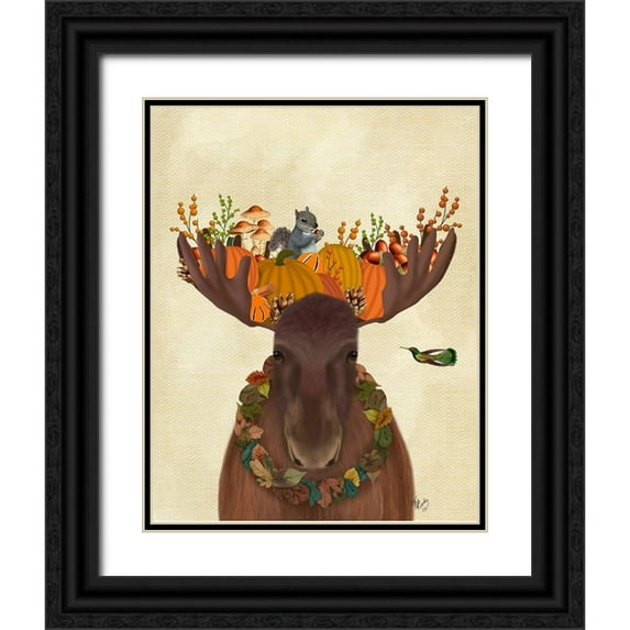 Fab Funky 26x32 Black Ornate Wood Framed with Double Matting Museum Art Print Titled - Moose and Pumpkins